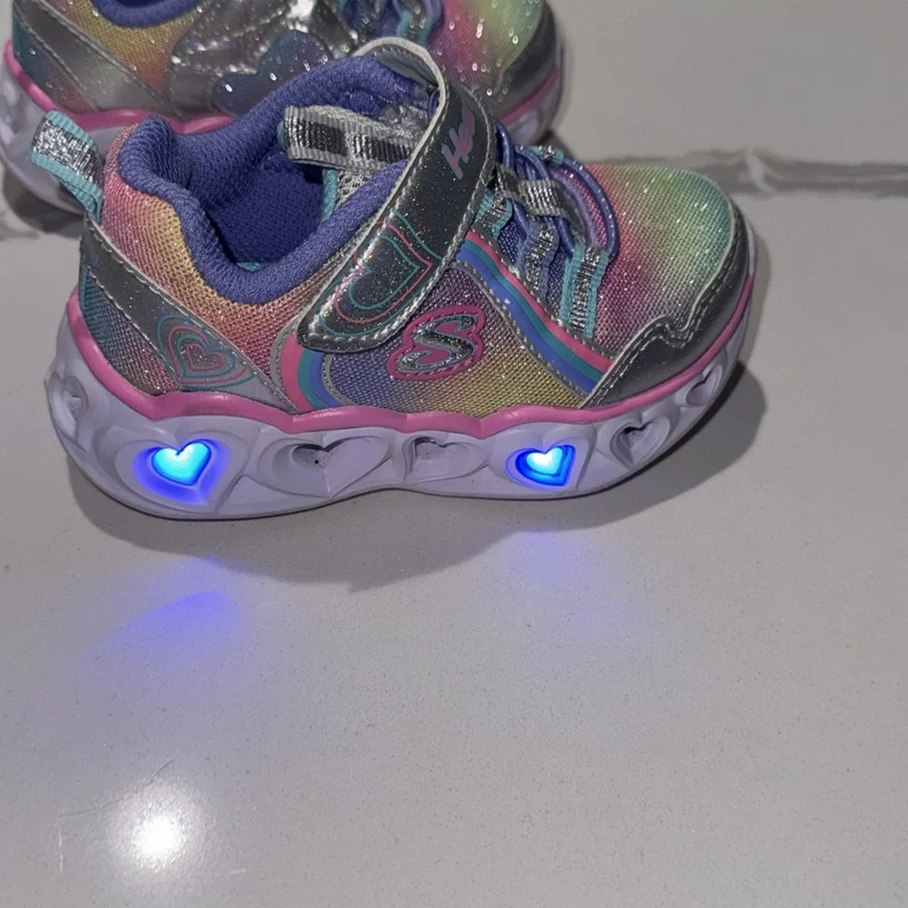 Skechers Heart Lights Light Up Girls Sneakers 6 Rainbow Glitter Velcro